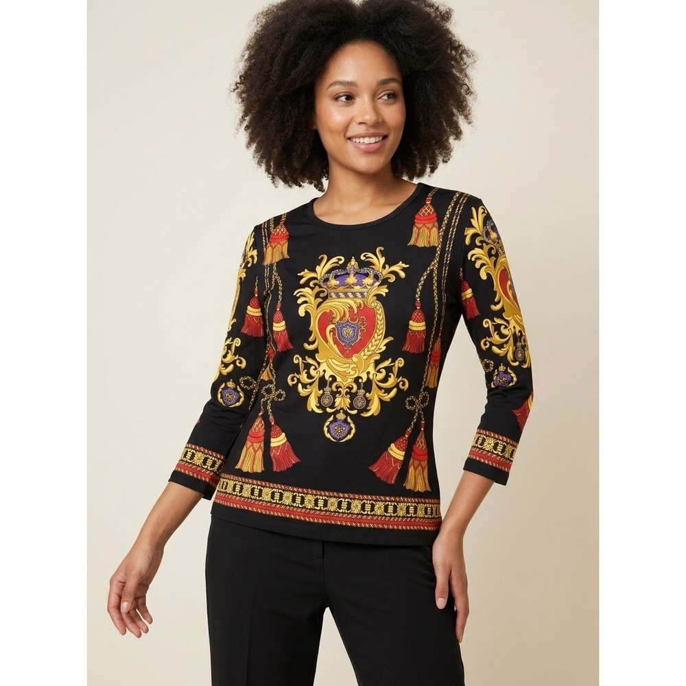 Baroque Crest Tassel J.McLaughlin Black Nylon Spandex Knit Top Size M Medium
